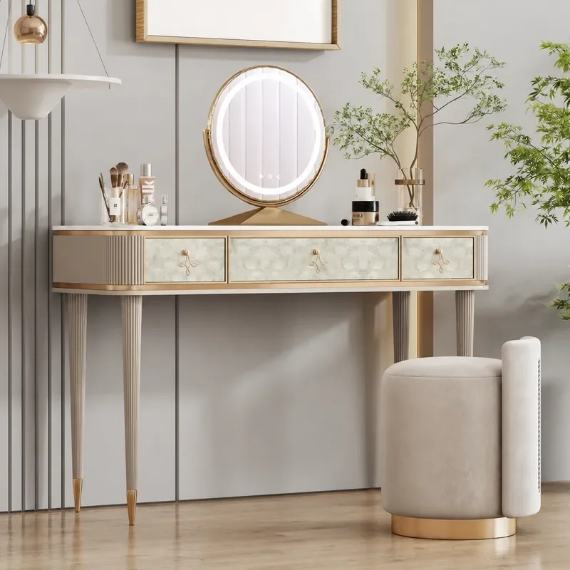 Modern Solid Wood Dresser with Mirror High End Bedroom Makeup Table Simple Design Rock Slab Top Storage Cabinet for Bedroom