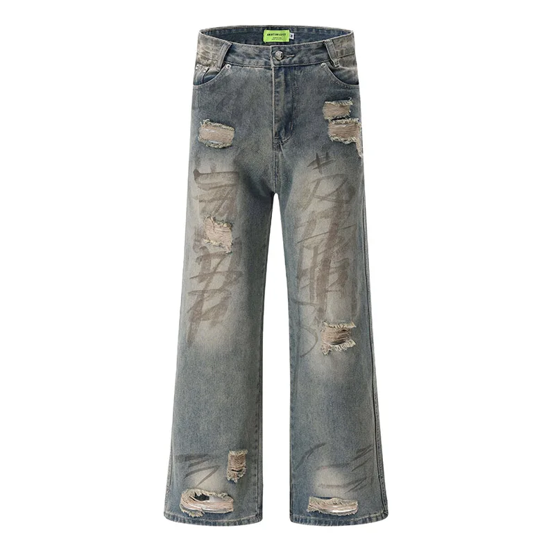 

Hi Street Graffiti Printed Jeans Pants Washed Harakuju Streetwear Denim Trousers For Male Straight