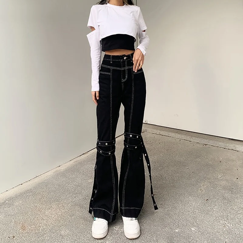 Woman Female High Waist Elastic Pants Girl All-Match Zipper Wash Denim Trousers 2024 Women Sexy Lace-Up Decorated Black Jeans