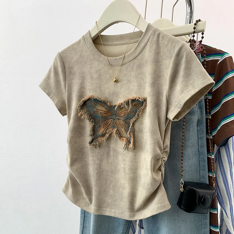 Butterfly Women T Shirt Korean Crop Top Summer Short Sleeve Tees Tshirts Femme Slim Drawstring Y2K Ladies Appliques Clothing