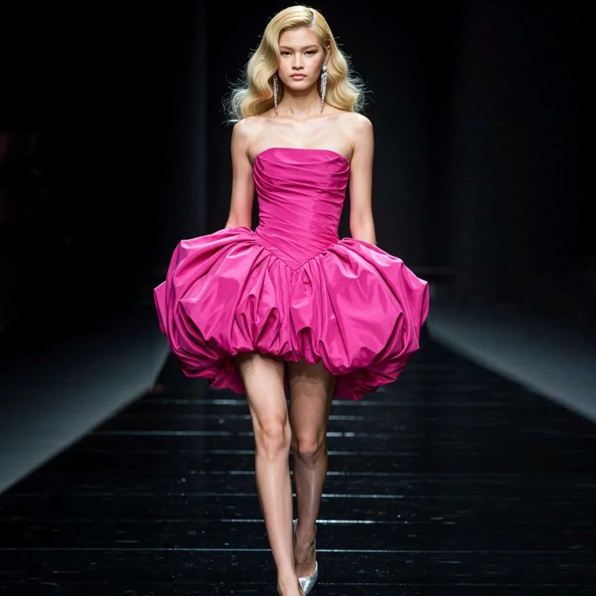 

2025 FashionableVestidos Fuchsia Short Prom Party Dresses de fiesta Strapless Bubble Skirt Pleated Taffeta Birthday Formal Dres