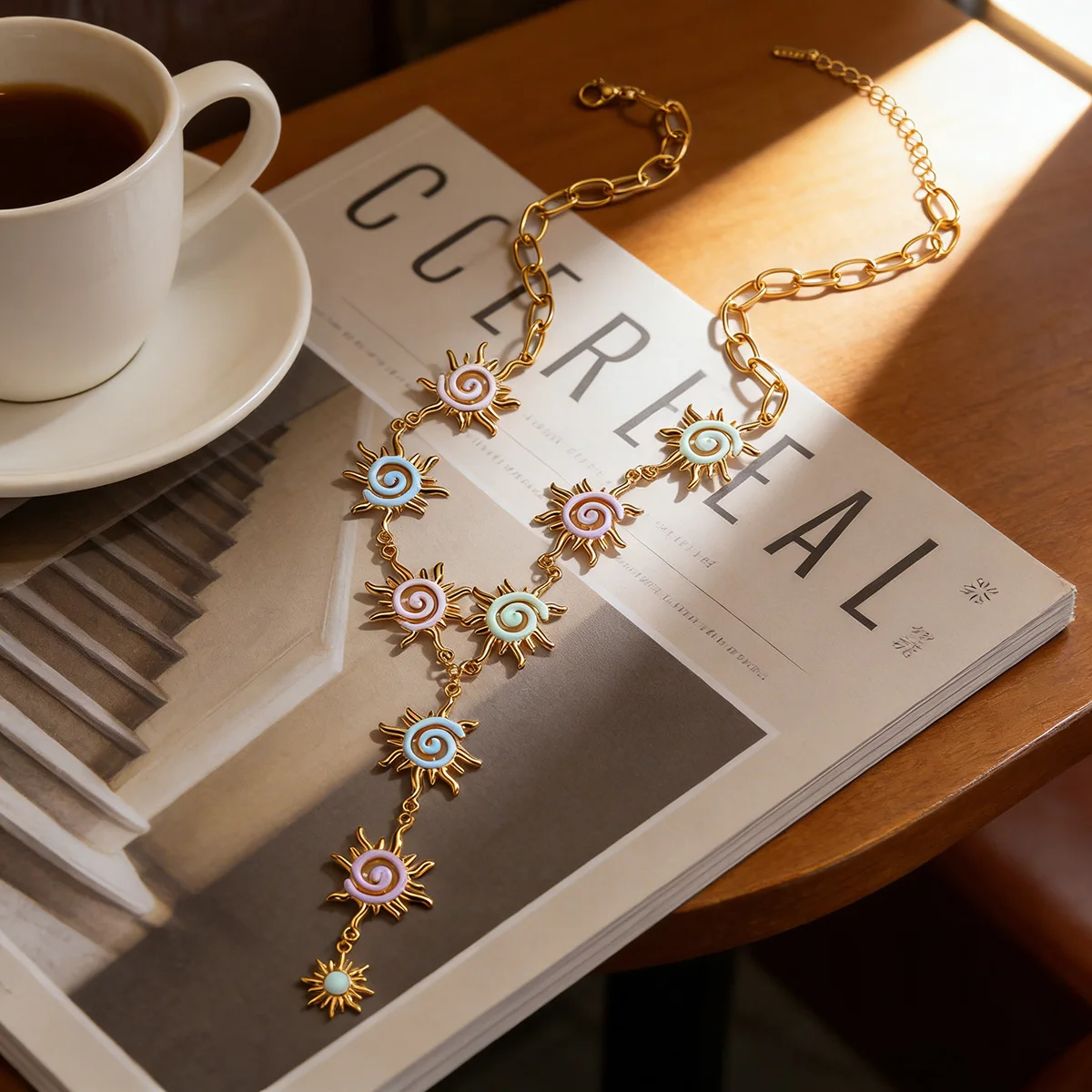 New Fashion Stainless Steel Gold-plated Drip Sun Pendant Necklace for Women Exquisite Elegant Daily Party Y-shaped Jewelry Gift