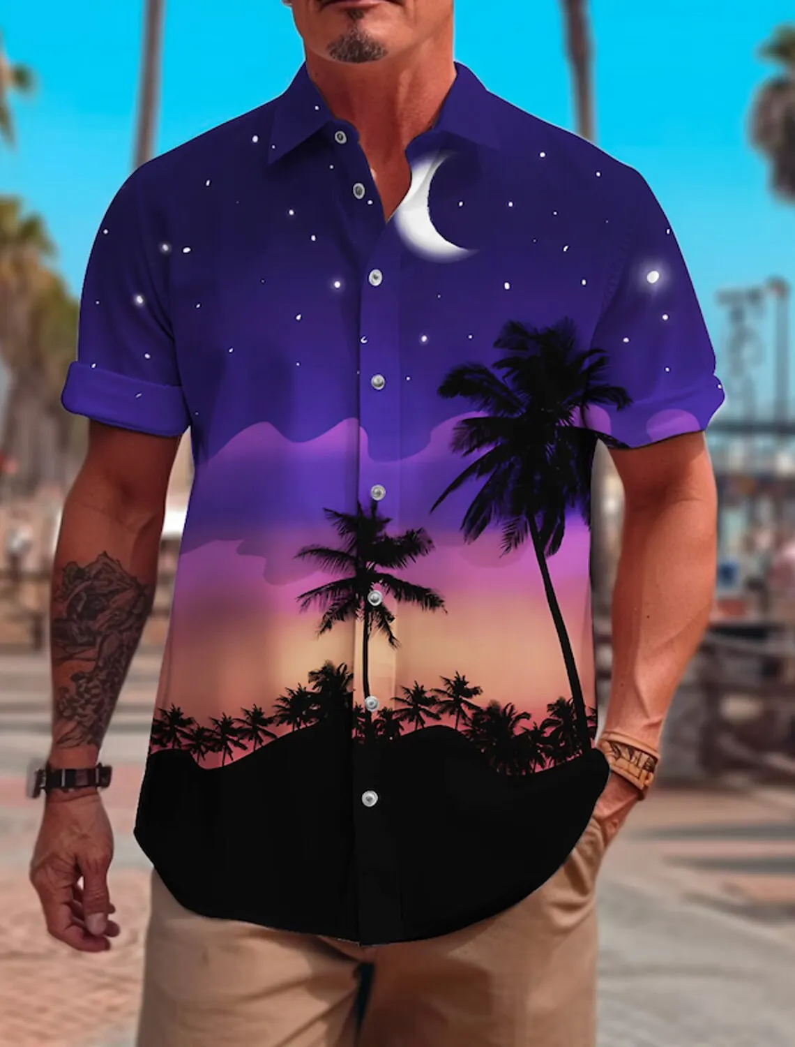 Hawaii Purple Beach Shirts Men Graphic Shirt Summer Hawaiian Coconut Tree Turndown Button Short Sleeve Fashion Street Palm Trees