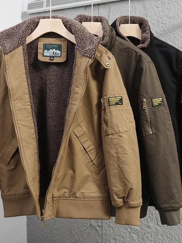 

New Men's Cotton Jaet Autumn Winter Thiened Fce Collar Casual Warm Lamb Velvet Coat Long Sve Faion Urban Sle