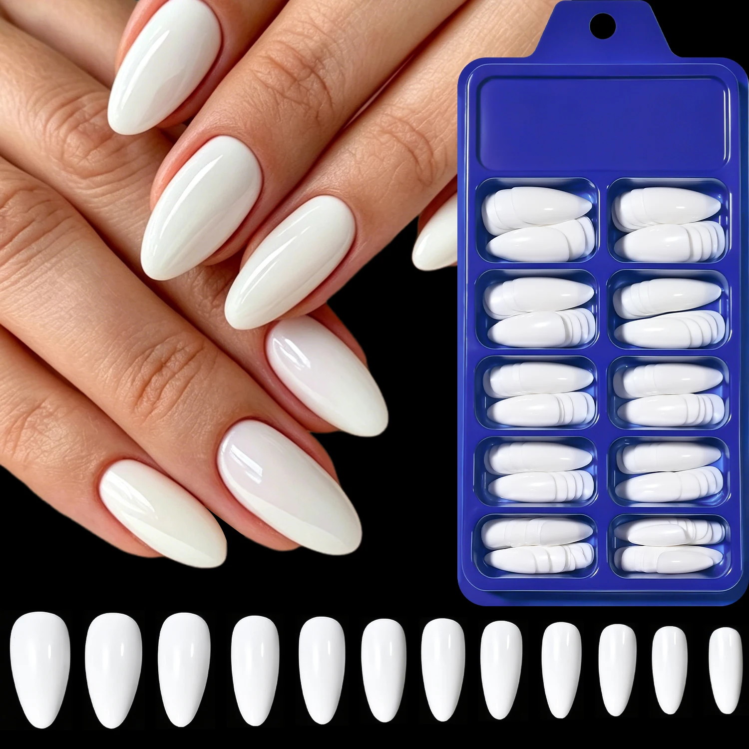 120Pcs Pure White Almond Press On Nails Glossy Solid Color Fake Nails Medium Length Full Cover Acrylic Nail Tips for Daily/Party