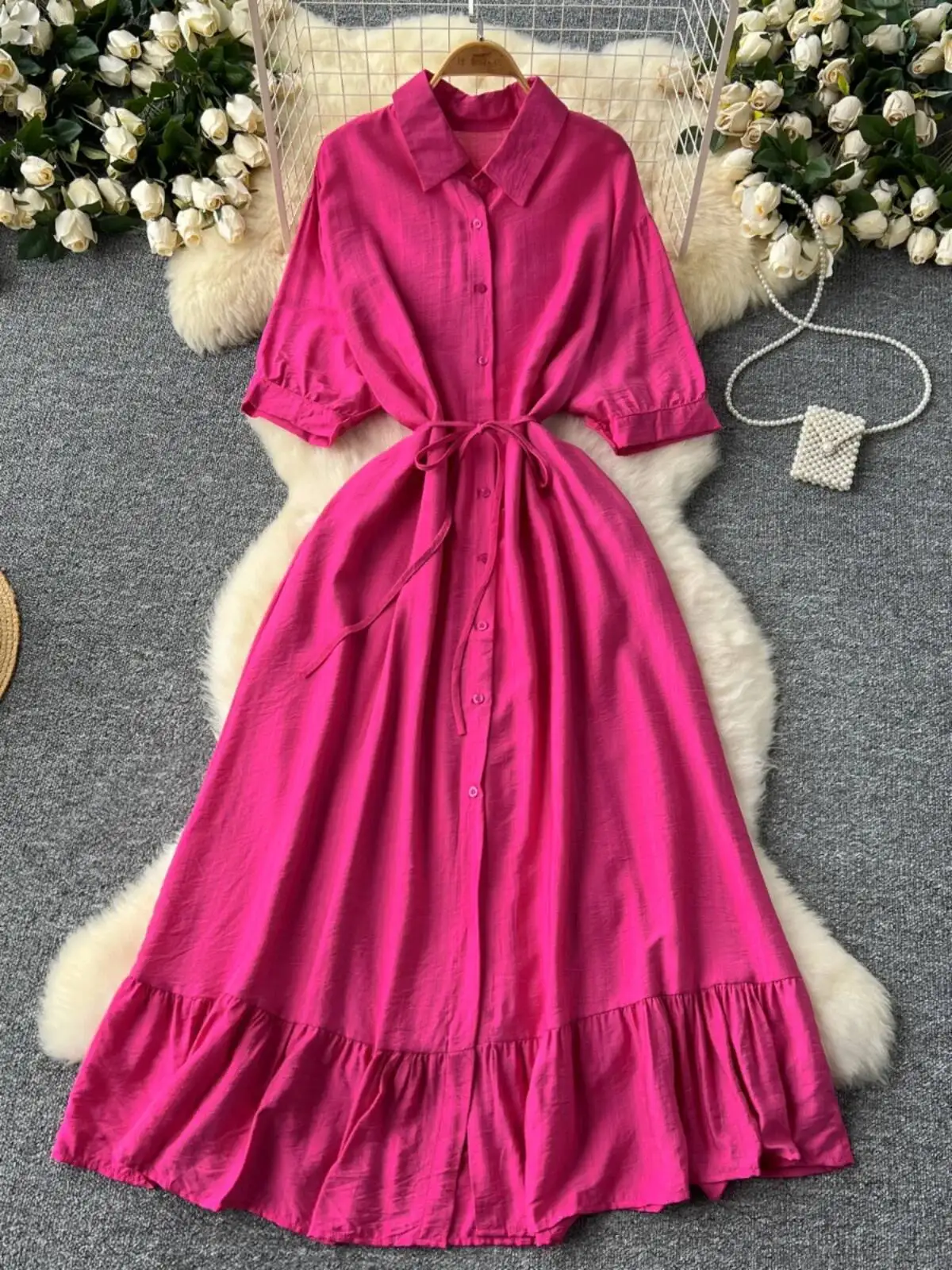 Abito camicia casual da donna con risvolto Primavera Estate Mezza manica monopetto Abiti lunghi con volant di media lunghezza Abiti lunghi con vestaglia lunga solida