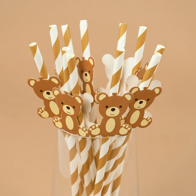 20Pcs Teddy Bear Paper Straws Cute Brown Pink Bear Disposable Drinking Straw Kids Birthday Baby Shower Party Decoration Supplies