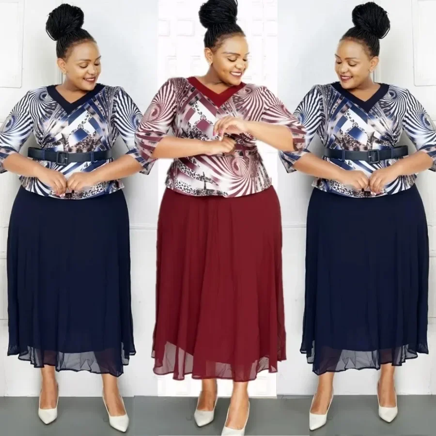 XL-5XL Autumn Fashion Africa 3/4 Sleeve V-neck Polyester Print Plus Size Long Maxi Dress Gowns Dashiki African Dresses for Women image 2