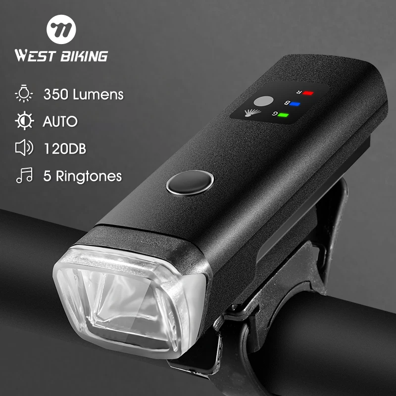 WEST BIKING-luz LED para bicicleta con bocina, linterna frontal con Sensor recargable por USB, lámpara para bicicleta de montaña y carretera