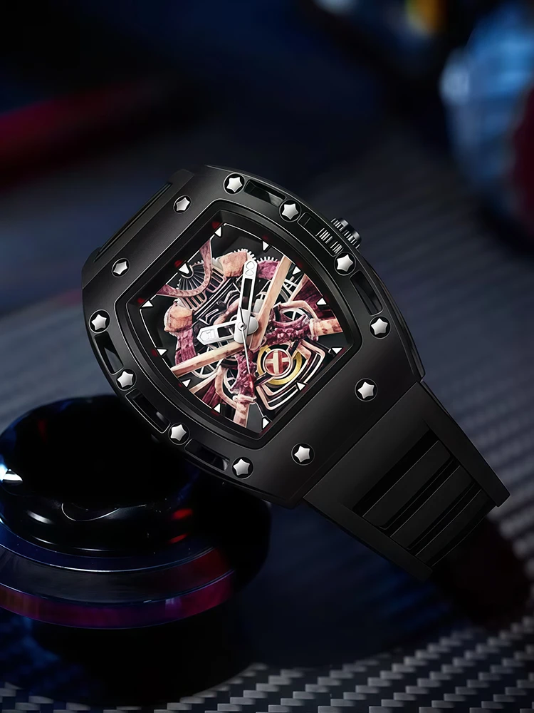 Tonneau Hollow Skeleton Quartz Wrist Watch for Men, Japanese Samurai Warrior Pattern Dial Silicone Rubber Strap Sport Dress Watc