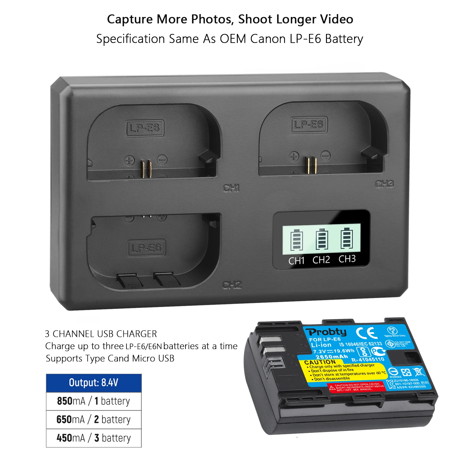 2650mAh LP E6 LPE6 LP-E6 E6N Battery + 3 Slots LCD Charger For Canon EOS 5DS R 5D Mark II 5D Mark III 6D 7D 70D 80D Camera