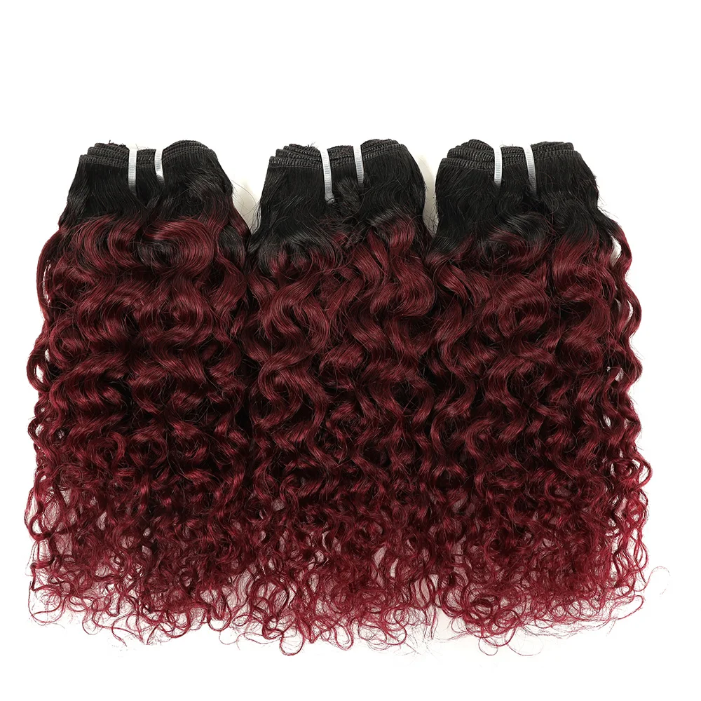 Kinky Curly Bundles Hair Short Bob Style Black Root Burgundy Sew in Human Hair Extension T1B/99J Wine Red Water Wave Hair Weaves