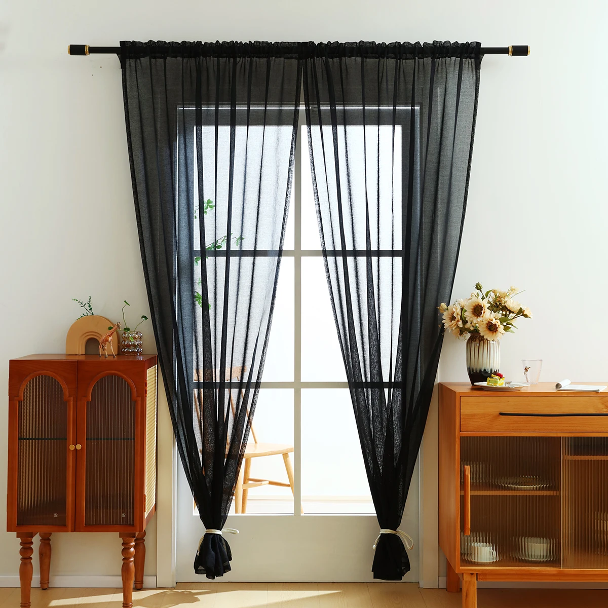

1pc Black Polyester Fabric Sheer Curtain,Rod Pocket,Dark Style Translucent Gauze Curtains for the Room Decor