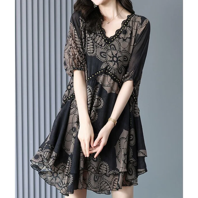 Elegant Fashion Casual Printed Lace Patchwork Dresses Summer 2023 Short Sleeve V-Neck Loose Pullover Midi Dress Women\'s Clothing