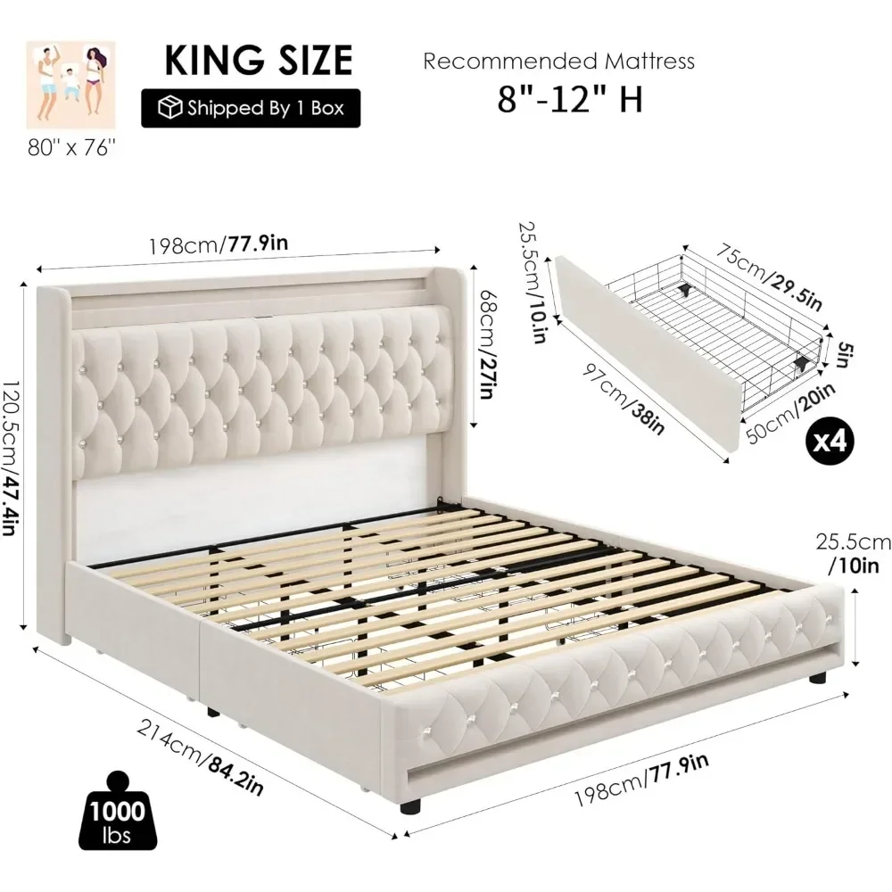 King LED Bed Frame com Estação De Carregamento, 4 Gavetas De Armazenamento, Veludo Estofados Plataforma