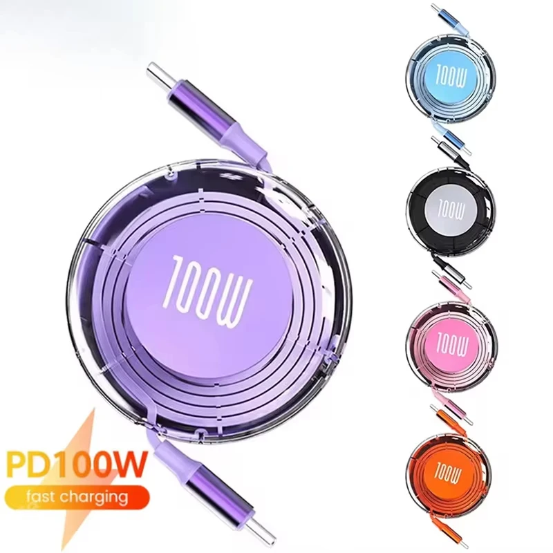 USB نوع C كابل PD 100 واط آيفون 16 15 زائد برو ماكس كابل قابل للسحب لماك بوك باد كابل شاحن سريع شاحن سلك البيانات