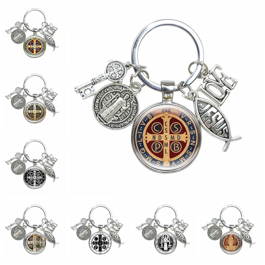 Saint Benedict Medallion Keychain Religious Jewelry I LOVE JESUS Alloy Crafts Charms Domed Glass Catholic San Benito Key Ring