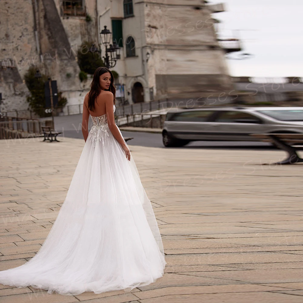 Fascinerende Populaire Een Lijn Dames Trouwjurken Moderne Kanten Appliques Bruid Jurken Sexy Strapless Mouwloze Vestidos De Novia