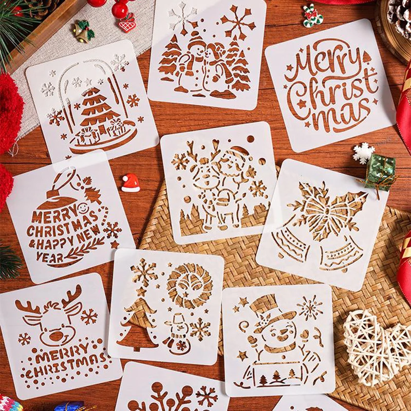 6Pcs Christmas Decorative Pattern Hollow Spray/hand Painting DIY Scratch Painting Template Journal Painting Drawing Tool