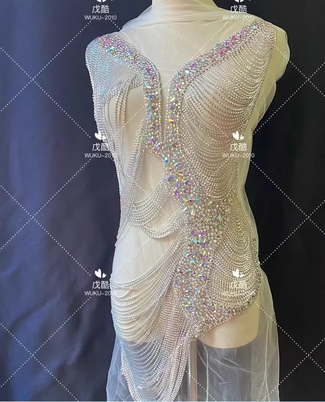 Heavy rhinestone wedding dress chain tassel crochet applique hand beaded embroidery flower