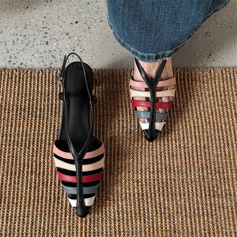 New Summer Sandals Split Leather Women Shoes Pointed Toe Shoes for Women Fashion Mixed Color Sandals Handmade Mid Heels Sandals