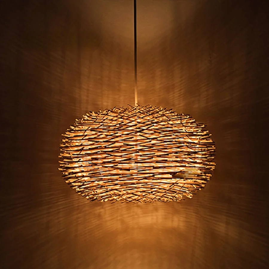 

Bird Nest Pendant Lamp Light Nordic Rattan Wicker Wood Handmade Hotel Restaurant Cafe Living Dinning Room Suspension Lighting