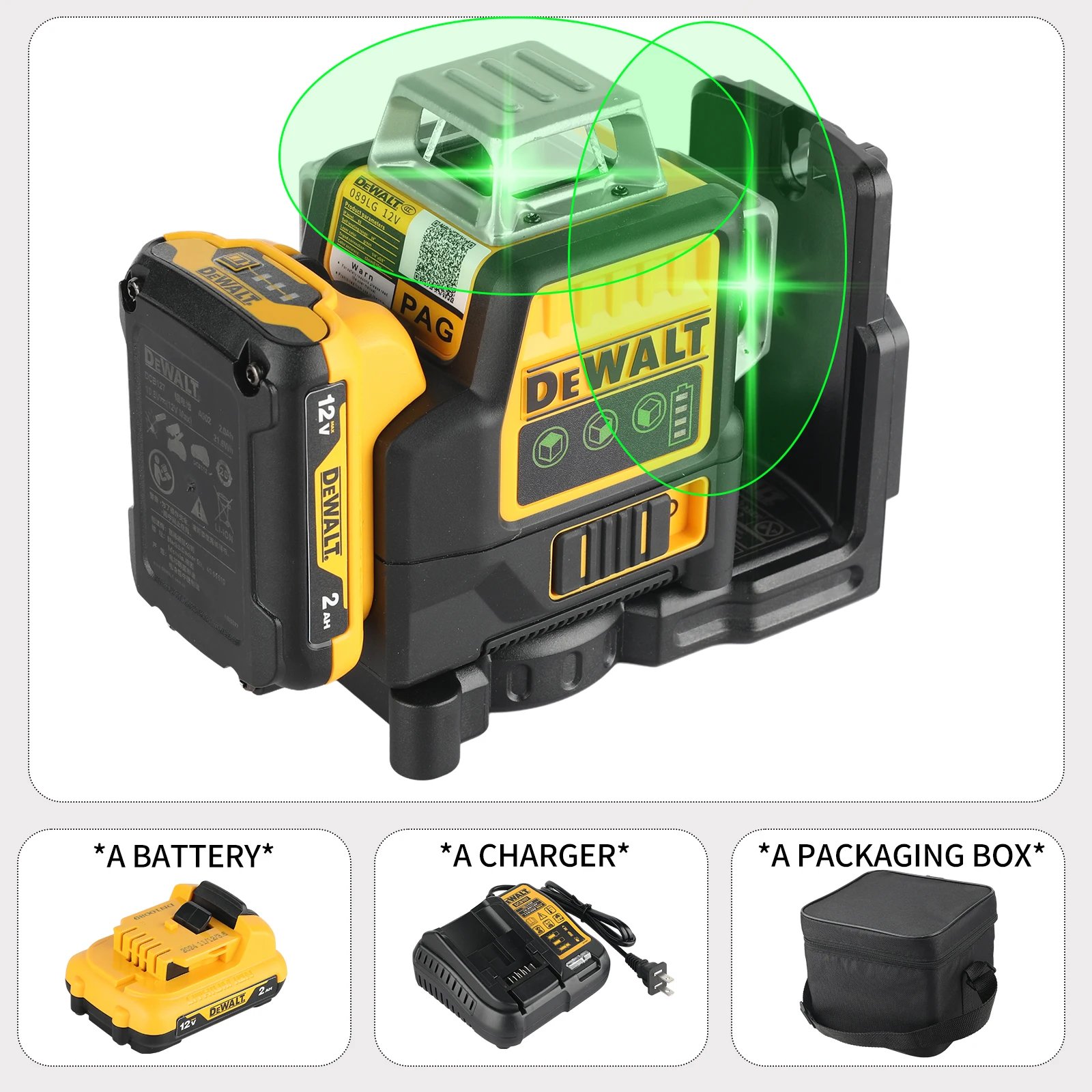 

DeWalt DW089LG 12 - Line 3 - Side 360° Self - leveling Green Laser Level: 12V Lithium - Battery - Powered