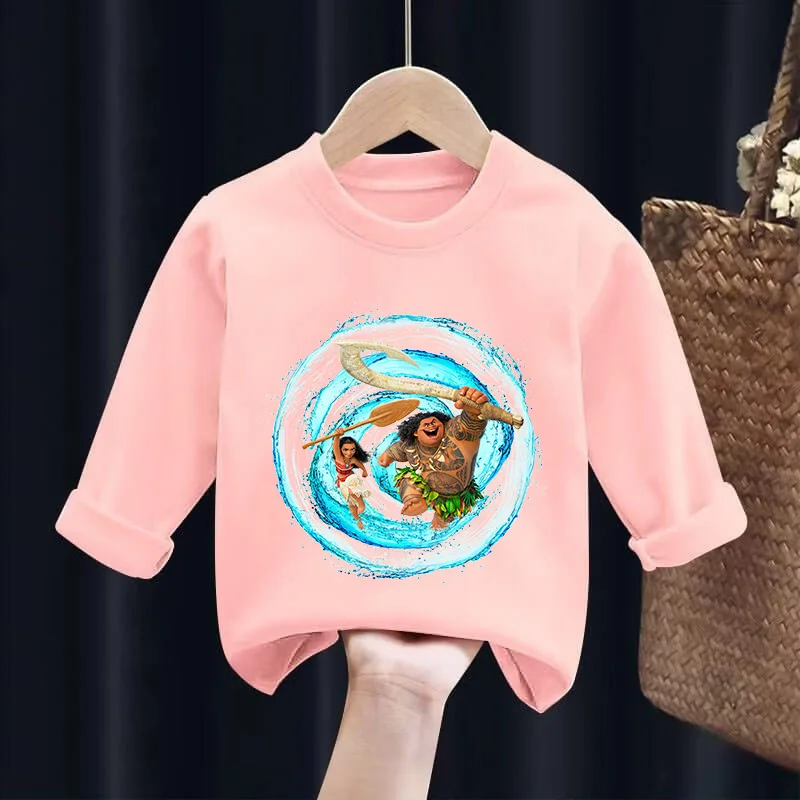 Moana Children Long Sleeve Tshirt Pink Disney Maui Kids Casual Clothes Blouse Cartoon Movie Boy Girl Top Cute Birthday Gift