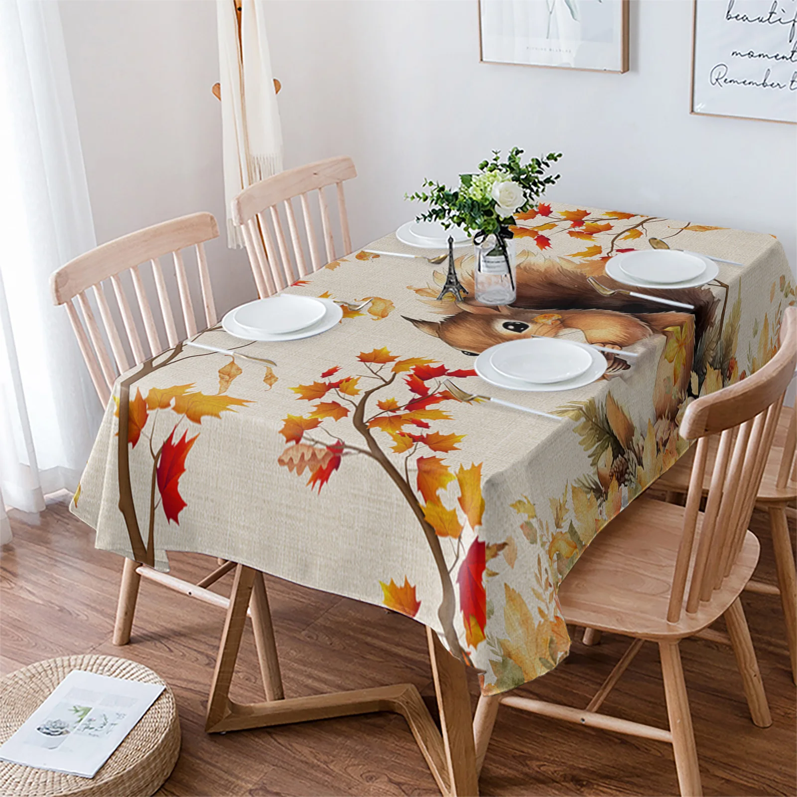 Thanksgiving Autumn Squirrel Watercolor Table Cloth Waterproof Dining Tablecloth Kitchen Decorative Party Table Cover