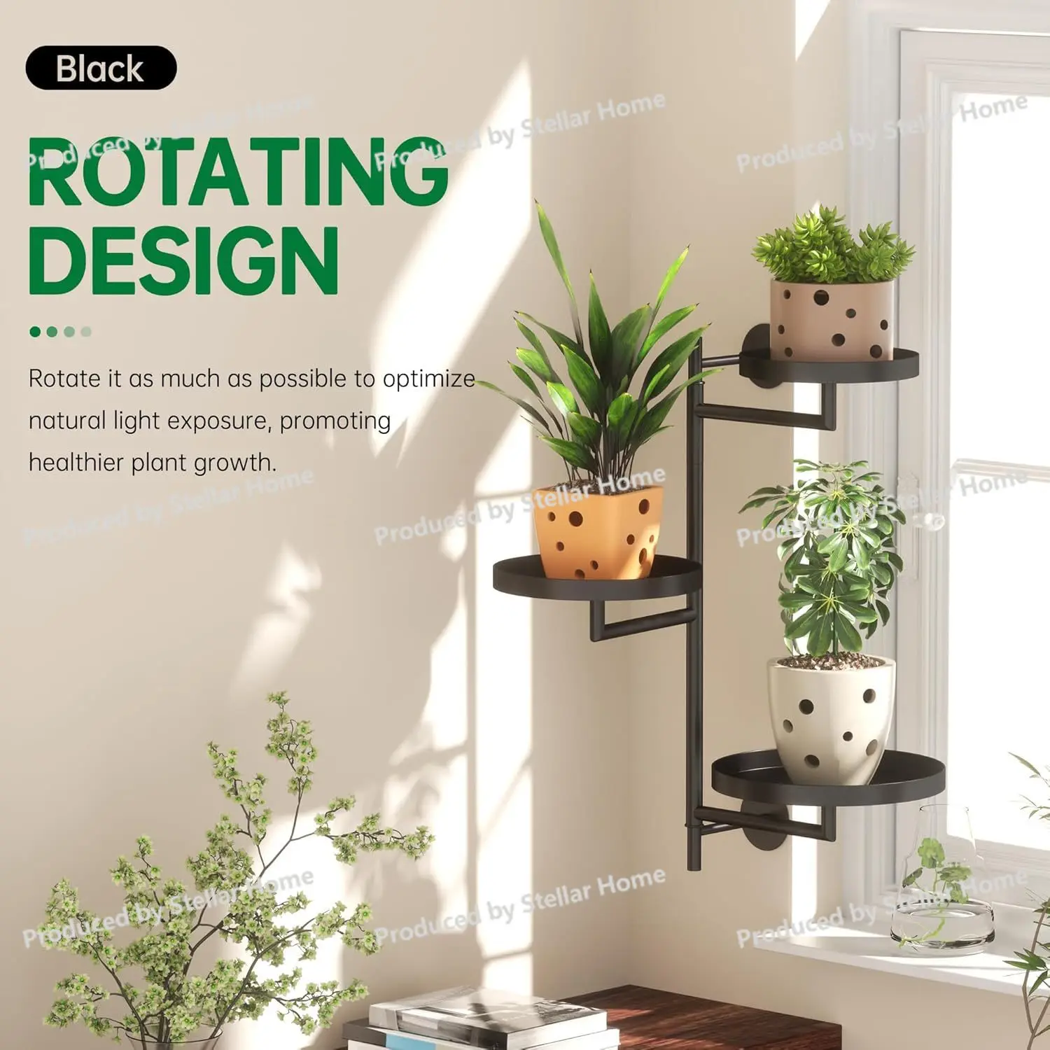 Black Indoor Rotating Window Plant Stand, 3-layer Metal Plant Stand, Wall Plant Stand