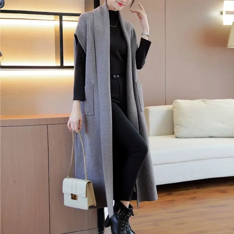 2024 Autumn/Winter Cardigan Windbreaker Women\'s Loose Sweater Suit Solid Tank Top Long Knitted Coat Style X191