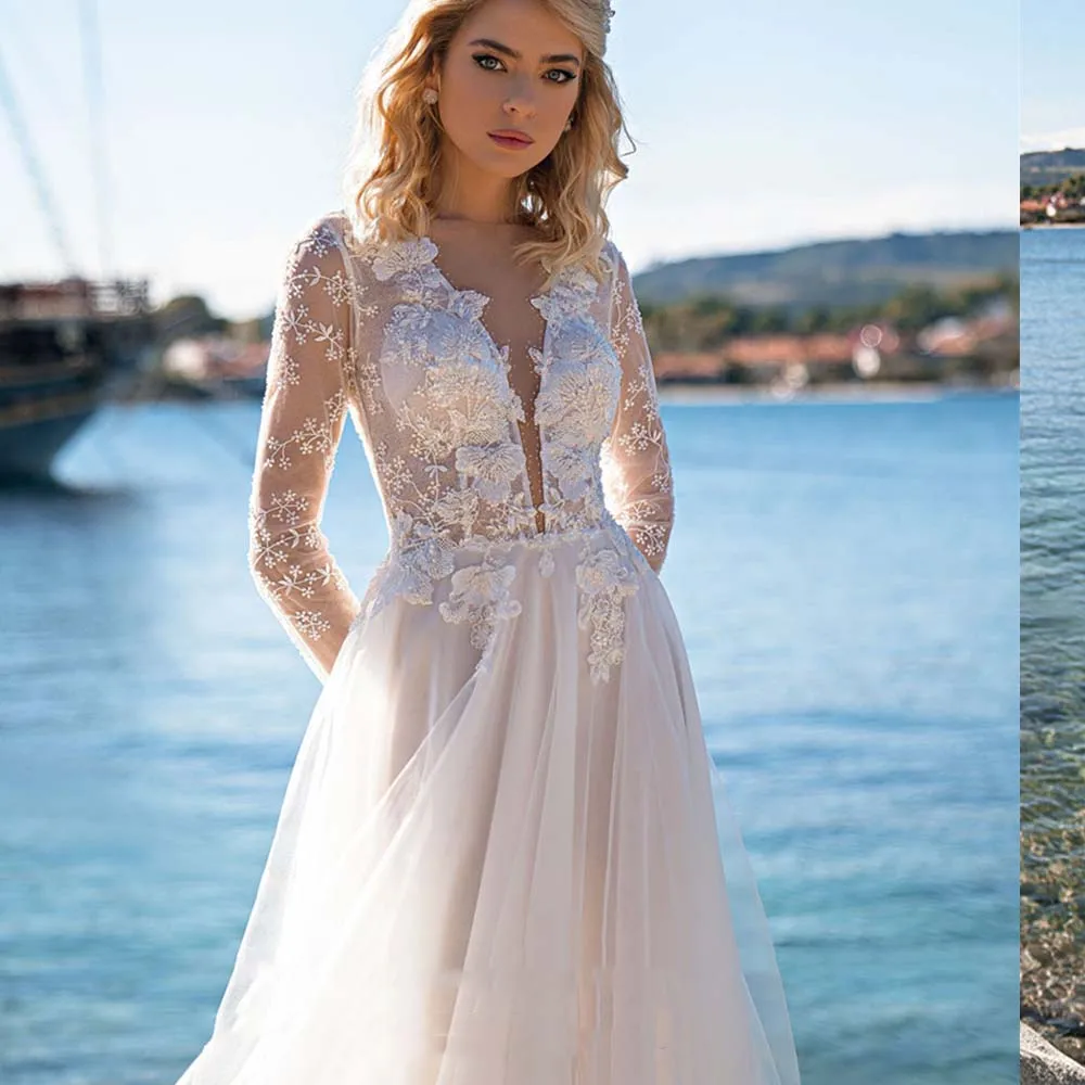 Beach Wedding Dress Long Sleeve V Neck Appliqued Lace Bridal Gown A Line Boho Custom Made To Measures Elegant For Women Princes