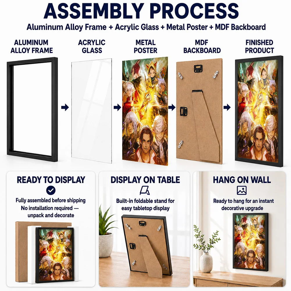 Final Fantasy XIV Characters Metal Poster With Aluminum Alloy Frame Personalized Photo Heroic Quest Style Wall Art For Library