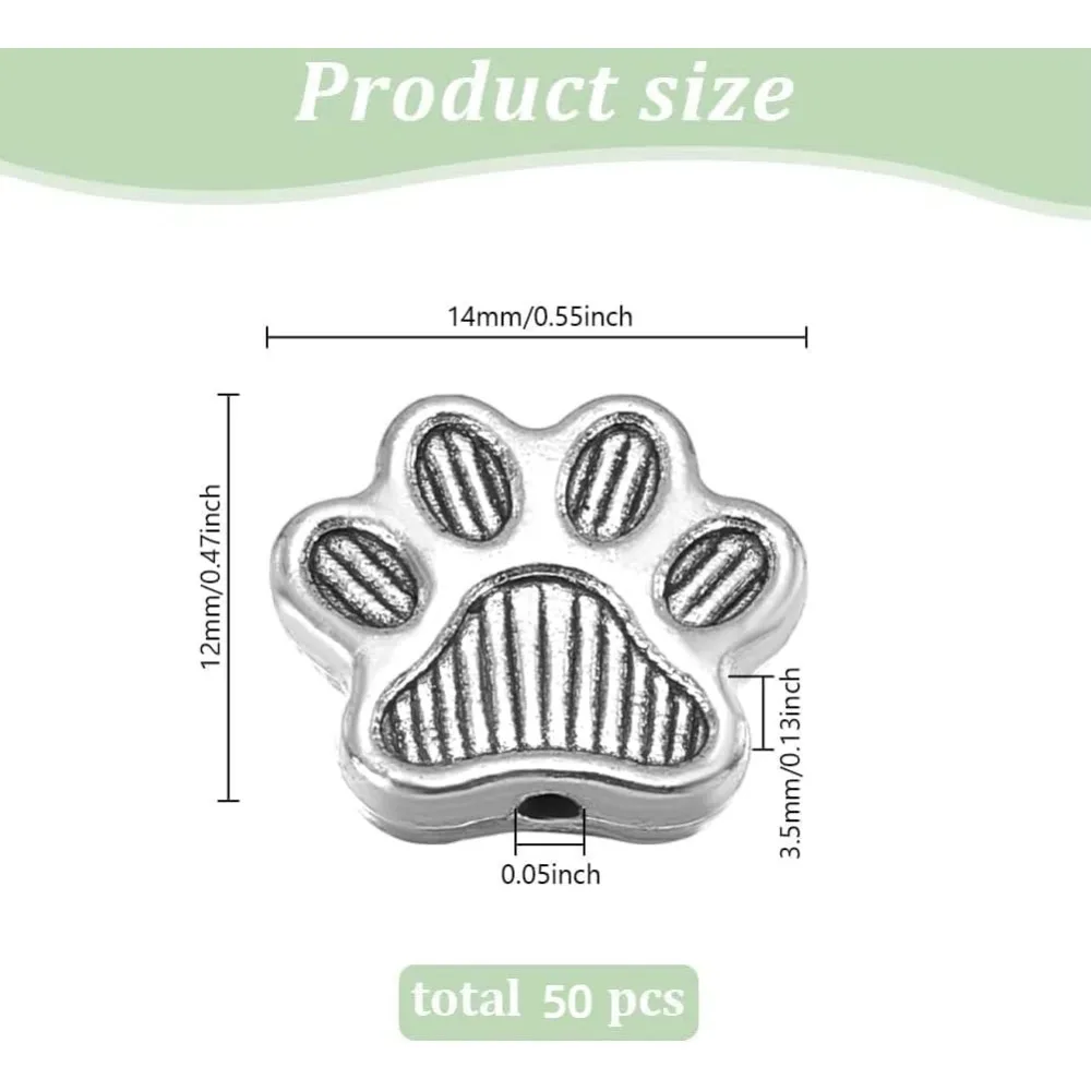50 Pcs Paw Footprint Beads Style Alloy Dog Paw Print Loose Beads Large Hole Beads Doggy Puppy Paw Spacer Beads for Bracelet