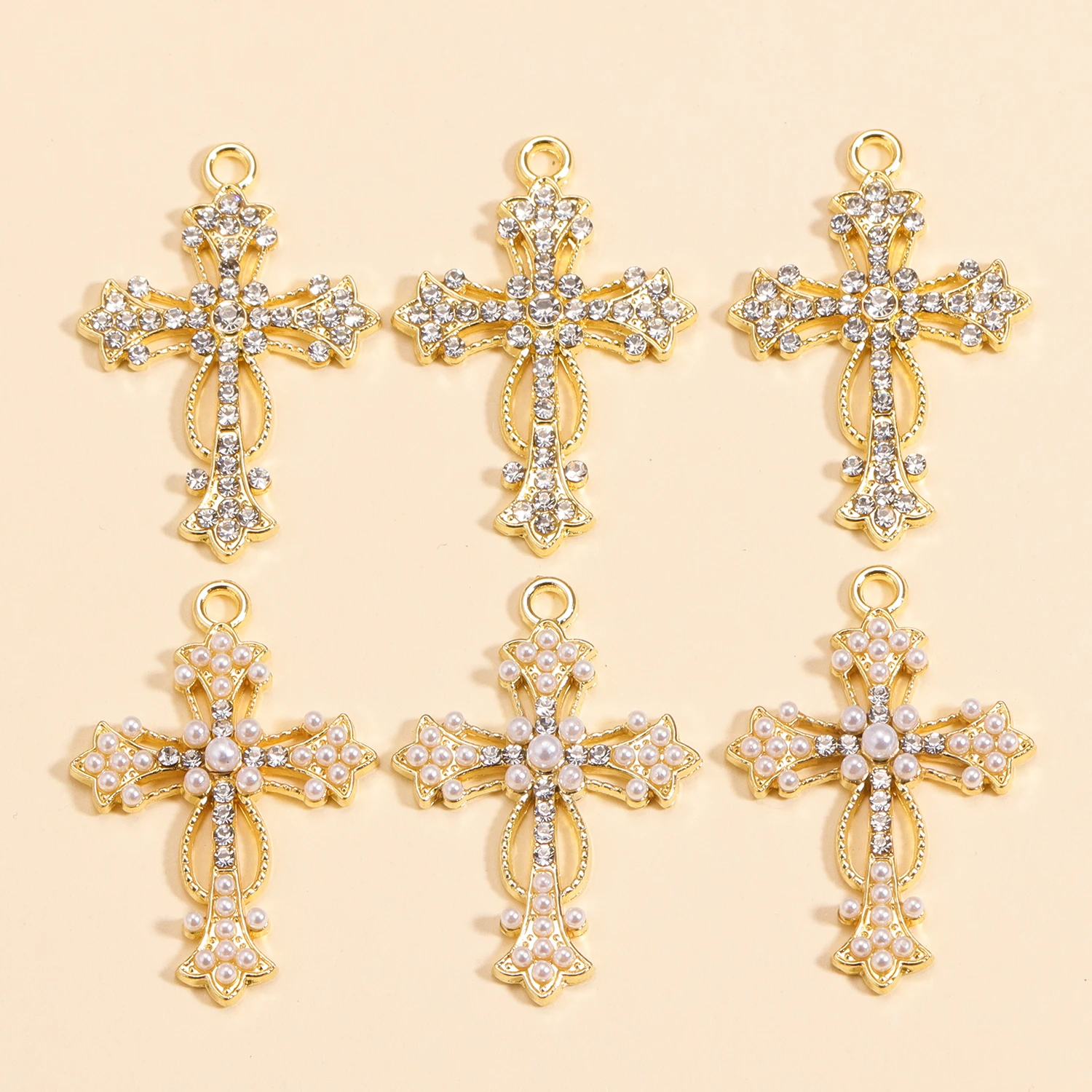 10 Stück exquisite eingelegte Perlen-Kreuz-Anhänger, Zirkon-Legierung, Charms für Schmuckherstellung, DIY-Kreuz-Halsketten-Zubehör, Bastelbedarf – Detail 2