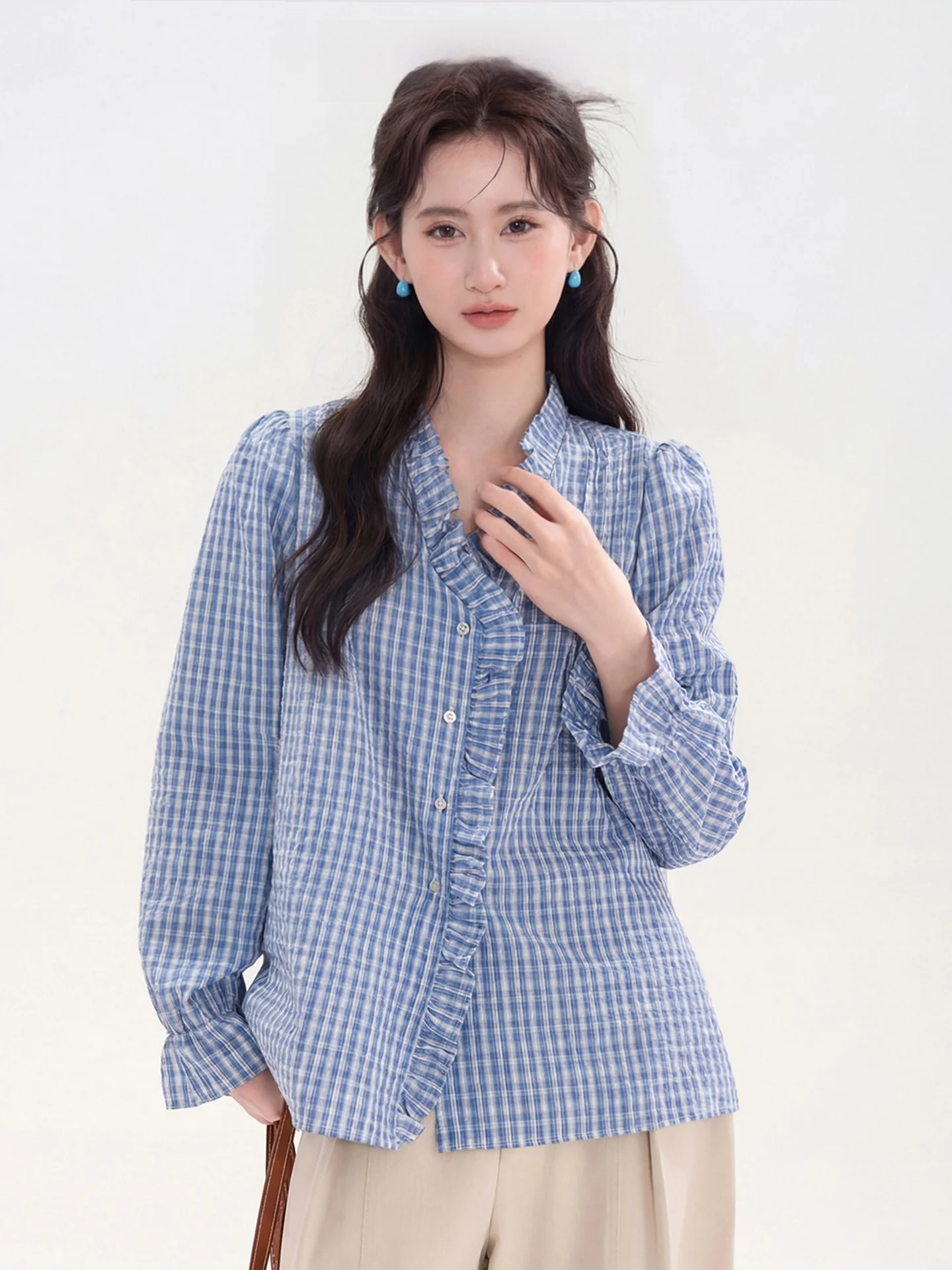 

Light Color Starry Korean Style Texture Floral Lace Plaid Women's Shirt Spring Summer Top Heme Huati Window