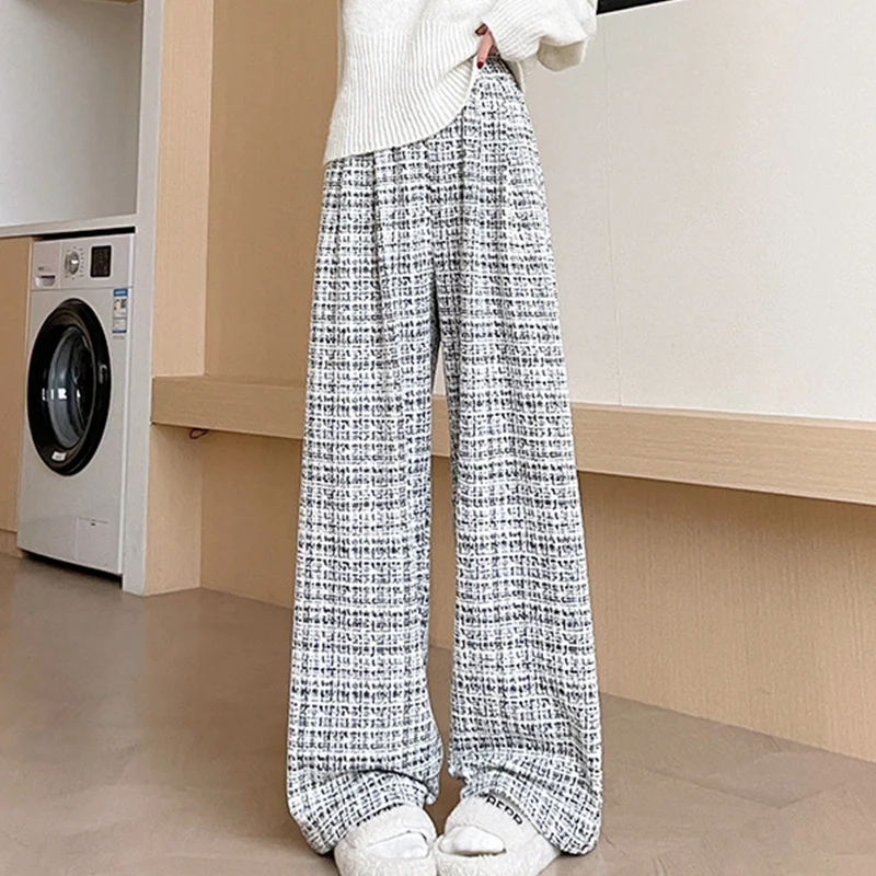 

Chic Black White Plaid Pants Women Loose Wide Leg Pants Woman Spring Autumn Casual Elastic High Waist Straight Trousers Female