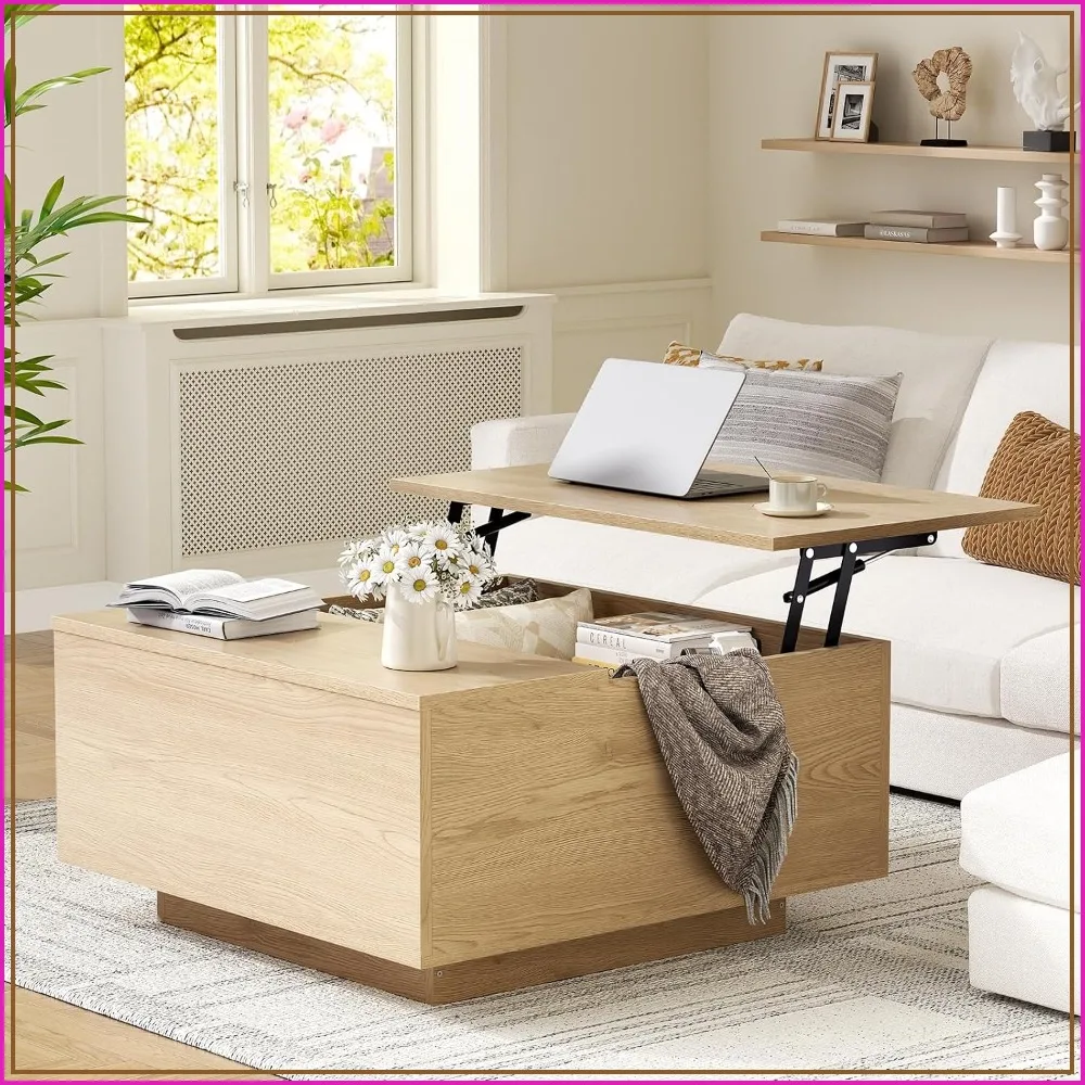 Lift Top Coffee Table with Storage, 31.5in Wood Center Table, Natural Finish