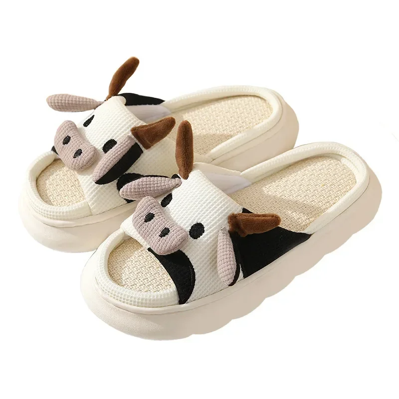 Pantoufles de vache mignonnes pour femmes, pantoufles d'intérieur de dessin animé, coton, semelle optique coordonnante, chaussures en lin, enfants, adultes, couple, hiver, 2024