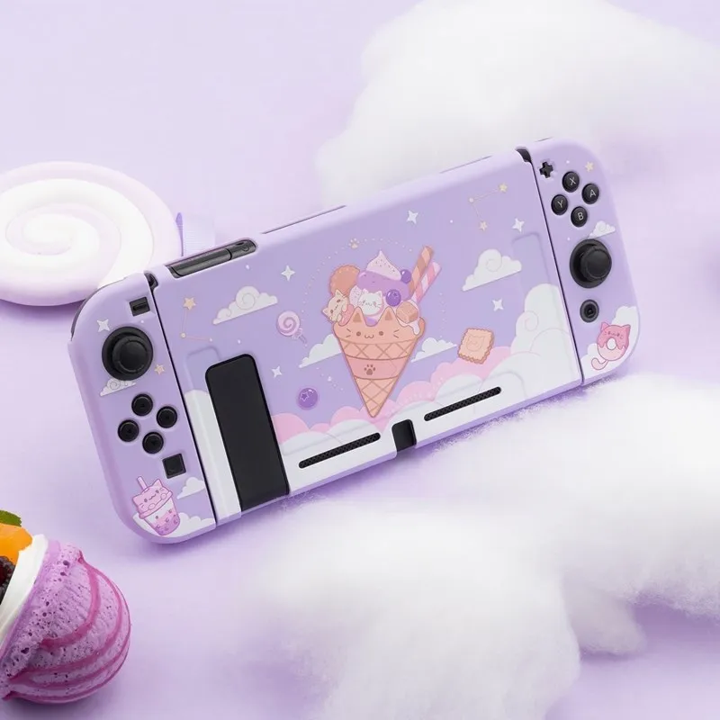 GeekShare nintendo switch caso kawaii sorvete gato dos desenhos animados roxo estrelado macio tpu cobertura completa volta girp escudo para ns acessórios