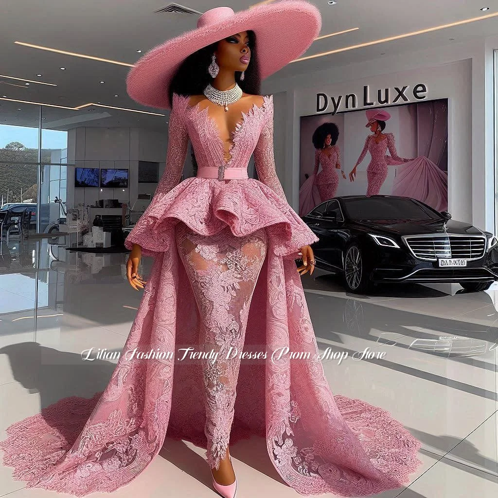 Babyrosa Spitzen-Abendkleid mit tiefem V-Ausschnitt und langen Ärmeln, maßgeschneidertes, transparentes, gerüschtes Tanzkleid, Geburtstagspartykleid, afrikanisches Owambe-Partykleid