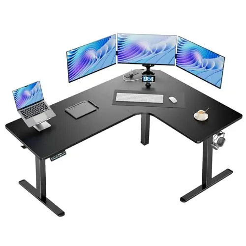 63″ L-Shaped Standing Desk, Built-in Power Outlets, Black | 3 Memory Presets, Sturdy Steel Frame, 220 lbs Capacity