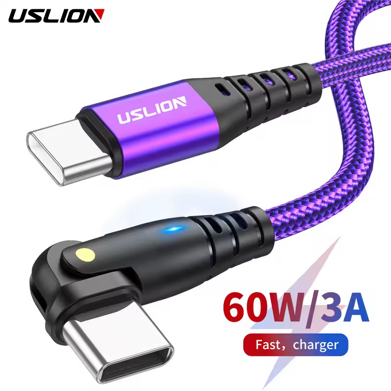 Кабель USLION PD 60W USB C — USB Type C для Xiaomi Samsung S23 Macbook, поворотный на 180 градусов, для быстрой зарядки мобильных телефонов.