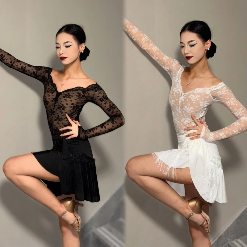 

Female Latin Dance Competition Costume Lace Sleeves Latin Top Tassels Skirt Women Latin Dance Clothing Practice Suits SL14909
