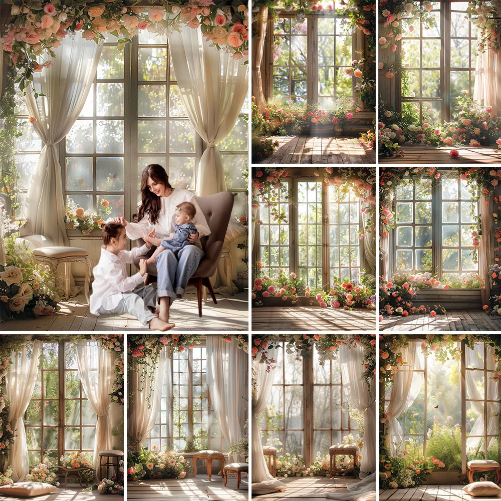 Photography Background for Maternity Portrait Window Sunshine Flower Garden Curtain Backdrop Decor Girl Birthday Photo Studio