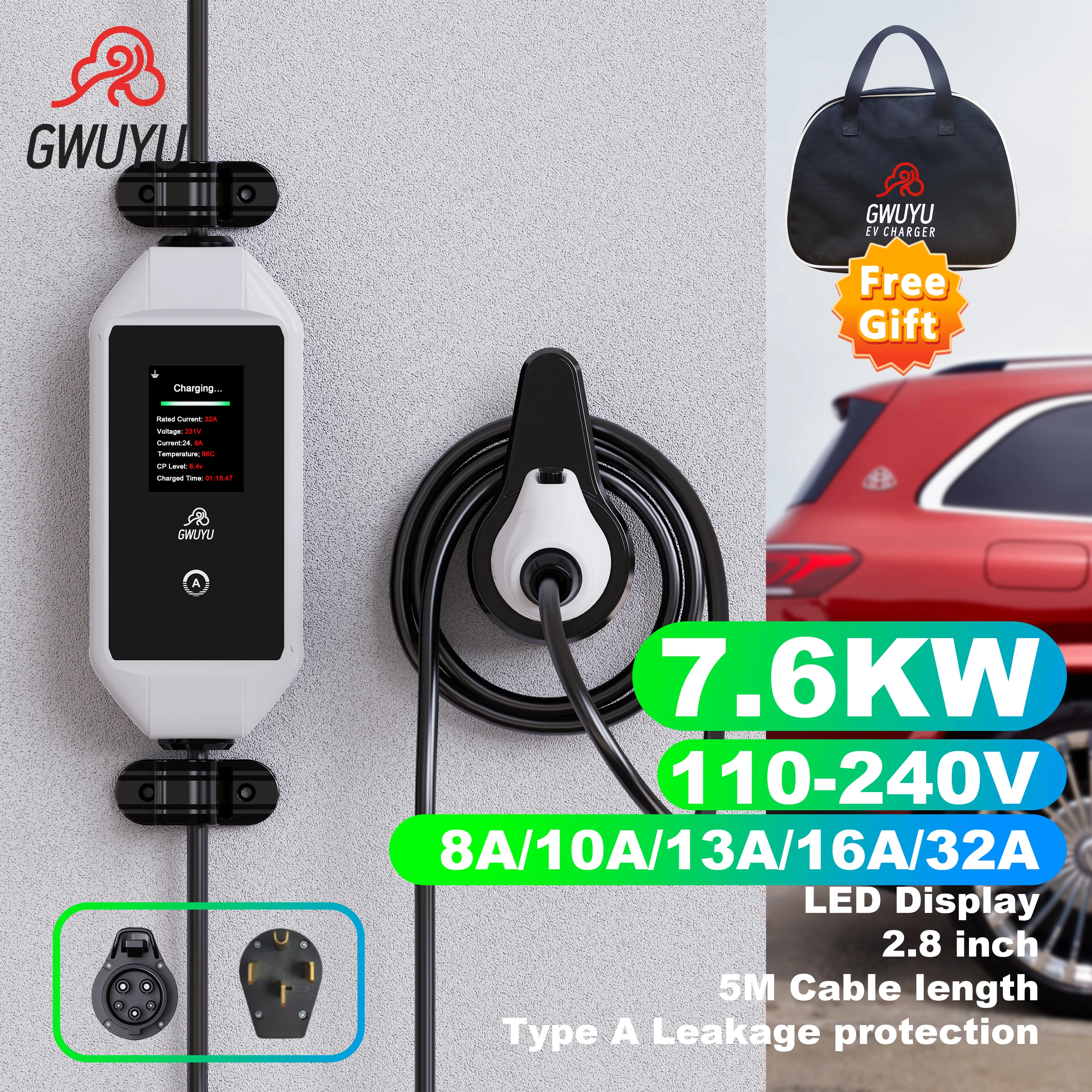 GWUYU M64-1 EVSE Portable Fast Charger for Electric Car Type 1 Sae J1772 7.6KW 32A 5M Charging Cable Led Display Vehicle Charger