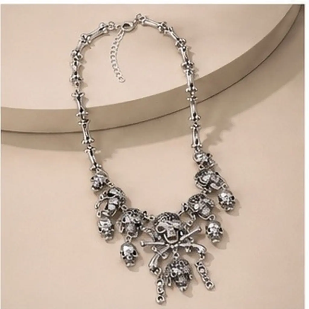 Vintage Silver Skull Necklace Gothic Statement Choker Pendant Necklace for Women Lightweight Rust Resistant Costume Jewelry Gift