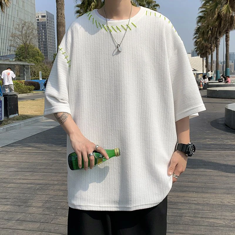 Men Round Neck Short Sleeve Waffle T Shirts Summer Patch Design Teenagers Fashion Casual Harajuku Oversized Tops Tee Black White