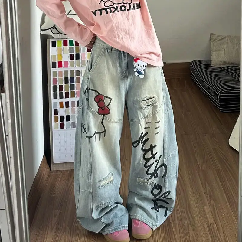 

Джинсы Hello Kitty в стиле аниме, женские, американские, в стиле High Street, с принтом, с высокой талией, прямого кроя, широкие, в пол, для повседневной носки