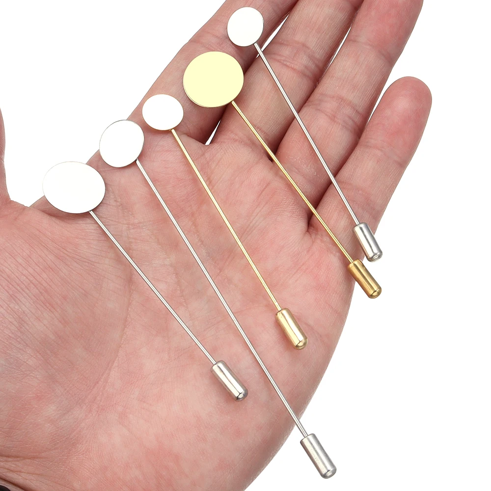10pcs Gold Copper Long Pin Tone Round Blank Brooch Bases Tray Lapel Stick Brooch Safety Pin Needle for DIY Costume Accessories